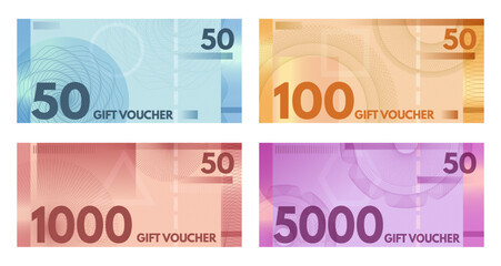 Guilloche banknote vouchers. Currency style coupons, shopping certificates and gift voucher template vector set