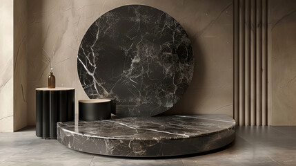 Contemporary podium stand in minimal style with luxurious sleek cream and black marble, sophisticated product display