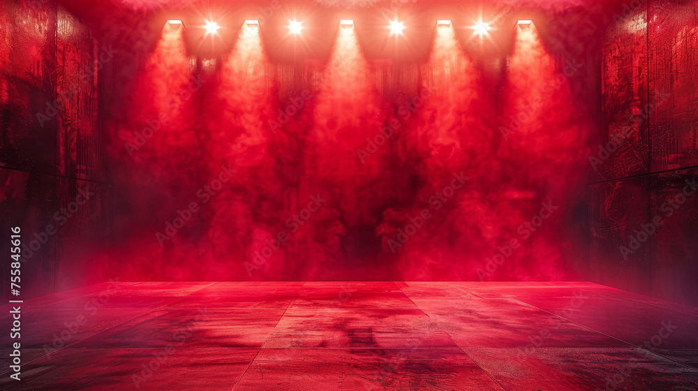 Poster abstract dark red background illuminated by soft studio light, with an empty stage at the forefront