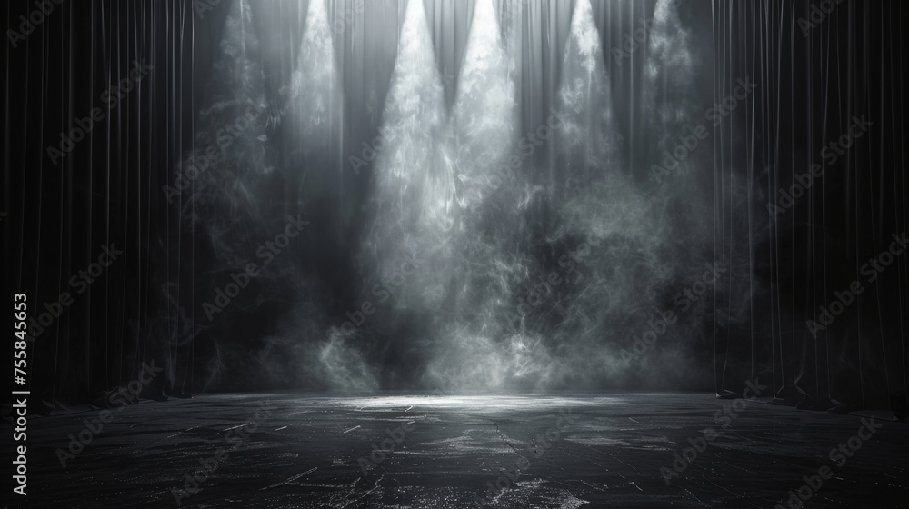 Poster abstract dark blue background illuminated by soft studio light, with an empty stage at the forefront