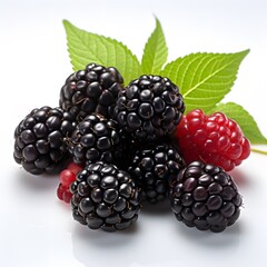a group of blackberries and raspberries with leaves