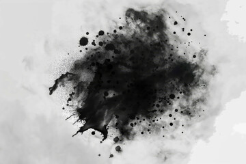 An explosive black ink splatter on a misty gray background, creating a dramatic and intense...