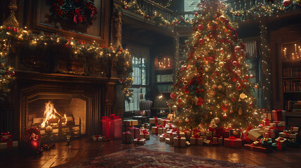 interior christmas. magic glowing tree, fireplace and gifts. generative ai 