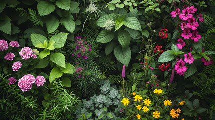 A garden with many different colored flowers and plants. The flowers are in full bloom and the garden is very colorful
