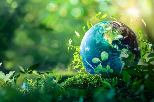 Earth globe with young plant on green grass, blurred forest as background, eco friendly and environmental conservation concept