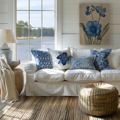 Coastal style home interior design with white and blue ocean color furniture, living room