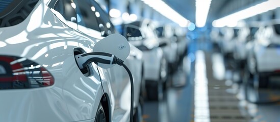 electric vehicles charging in an auto plant, symbolizing the shift to clean energy transportation.