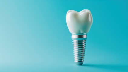 tooth implants on blue background, close up photo of one dental device isolated macro shot