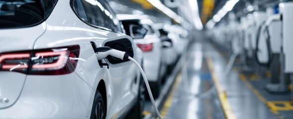 electric vehicles charging in an auto plant, symbolizing the shift to clean energy transportation.