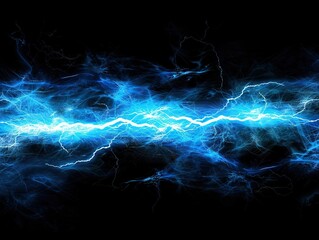 Lightning blue background with thunder, light effects, electricity and storm concept. Blue lightning on dark sky background