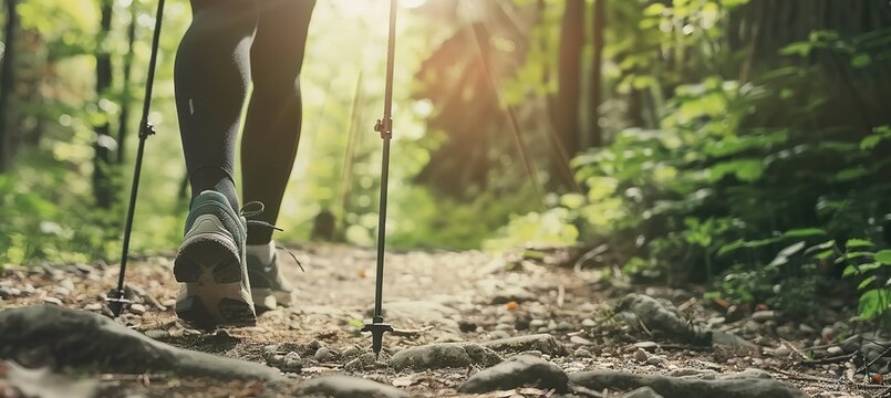 Close up of a woman's legs with walking sticks on a forest trail, focusing on her shoes and the poles