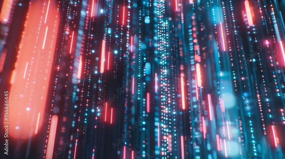 Poster glowing red and blue dots on digital interface with pixelated data stream and encryption concept