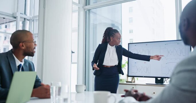 African woman, presentation and chart on whiteboard for stats, data or review for results at finance company. Person, speaker and graph on board with talk, workshop or feedback for investment growth