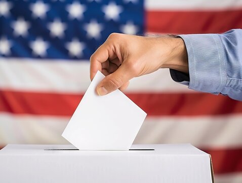  hand placed a paper in the ballot box, with an American flag  background