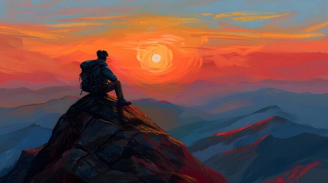 Digital Painting of a Man atop a Mountain Watching the Sunset