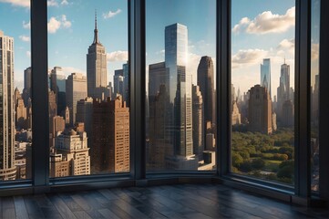 Fototapeta na wymiar Empty interior from high-rise window showcasing expensive real estate with cityscape of skyscrapers in Midtown NYC at daytime