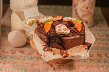 Brownies with an Easter theme, decorated with Easter items like bunnies, eggs, and carrots.