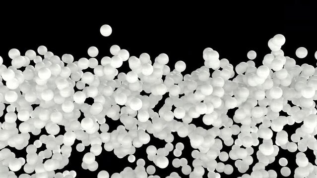 Animated lot of white plain ping pong or table tennis balls exploding or dancing or bursting against transparent background and in slow motion.