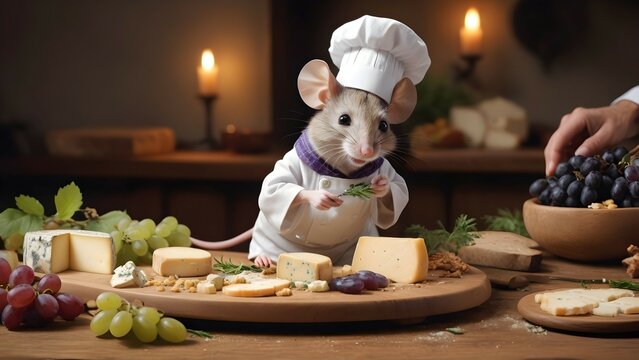 A heartwarming image of a mouse chef, placing the finishing touches on a plate of gourmet cheese platter, with a sprinkle of herbs and a garnish of grapes.