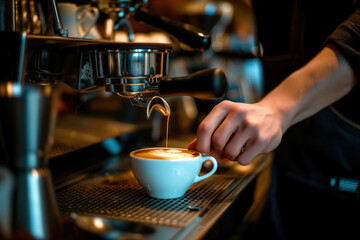 Fototapeta na wymiar Professional barista using coffee machine making coffee in cafe AI Generation