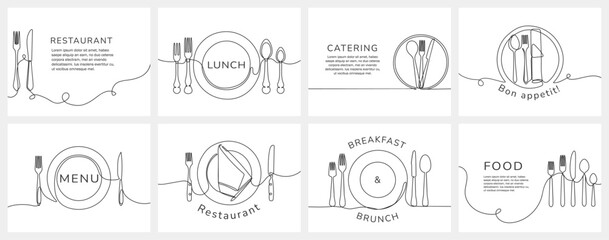 Continuous one line restaurant banners. Table settings with text space for restaurant lunch, breakfast and catering menu design vector illustration set