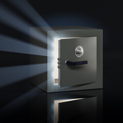 A slightly open safe with a permutation lock in a dark environment. Light spilling out of the safe in the form of god rays. Surprise concept. 3d render - obrazy, fototapety, plakaty