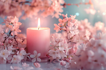 Lit Candle Surrounded by Pink Flowers