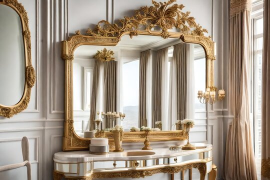 interior of luxury hotel, Step into a realm of timeless elegance with a captivating image featuring a mirror in a classic luxury room adorned in light colors