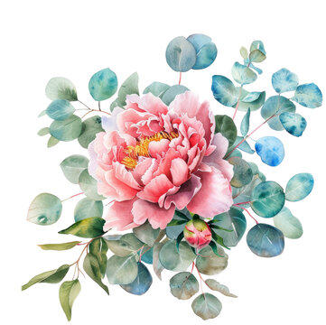 Delicate Watercolor Easter Peony and Eucalyptus PNG on White Background
