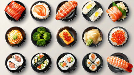  Japanese sushi top view set. generative ai 