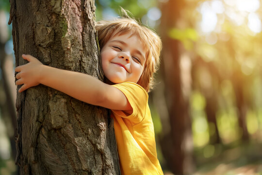 A joyful young child wearing a yellow shirt is hugging a tree tightly in a sunlit forest. Their eyes are closed in a peaceful smile, showing a deep connection with nature.