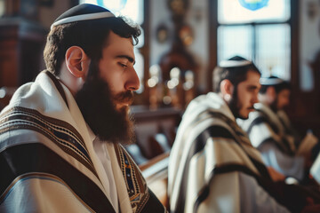 Jewish men praying in a religious orthodox synagogue with tallit AI Generation - obrazy, fototapety, plakaty