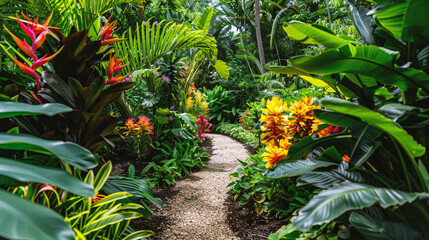 Beautiful tropical garden with blooming flowers and palm trees