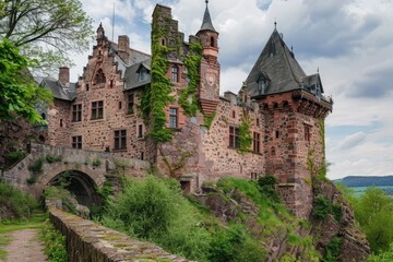 Fototapeta na wymiar Medieval Castle in North Rhine-Westphalia. Scenic View of Gem Burg Satzvey in Rheinland, Germany's Fascinating Architecture from Middle Ages