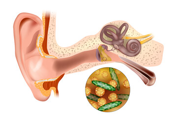 Ear infection middle ear. Bacterial ear infection. Streptococcus pneumoniae and Haemophilus influenzae