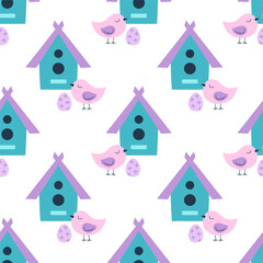 seamless pattern with birdhouse and easter eggs
