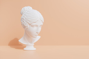 Marble head woman sculpture in empty studio room, ancient Greek statue goddess face bust 3d rendering © vpanteon