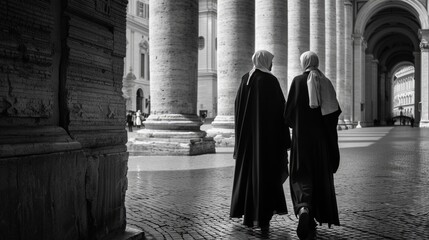 Naklejka premium Nuns: Women in Religious Clothes Walking in Beautiful City Centre of Capital
