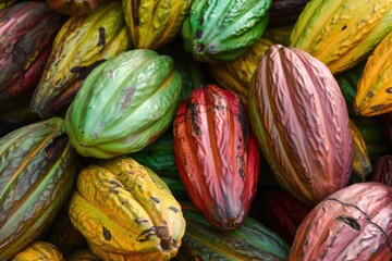 Organic Cacao Pod Heap. Colorful Aubergine, Green, Yellow, and Red Cocoa Pods in Harvest Time. Raw Material for Chocolate and Food Ingredient - obrazy, fototapety, plakaty