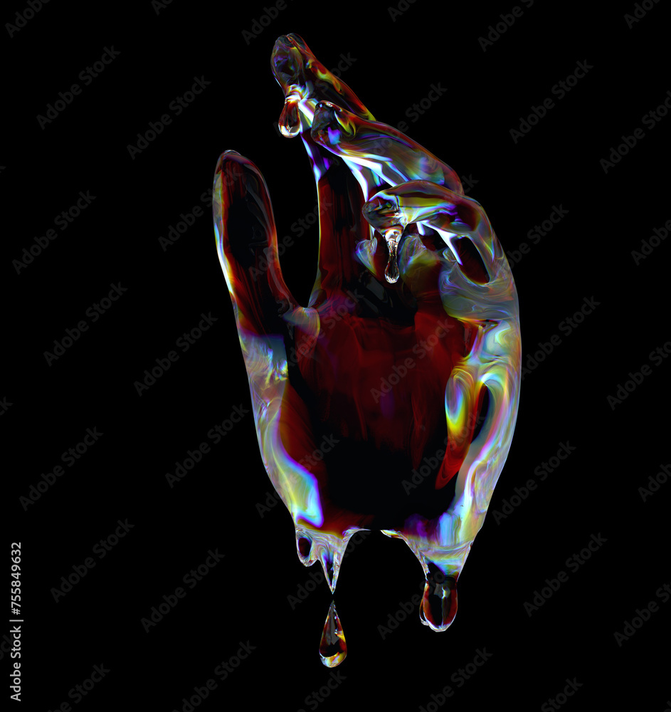 Poster 3d art holographic abstract futuristic design idea. hand gesture liquid metallic texture isolated on
