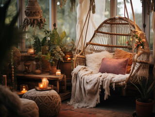 Boho interior design with home decor. Cozy house with room with indoor plants. Bedroom, living room. Hostel, housing rental, guest apartment.