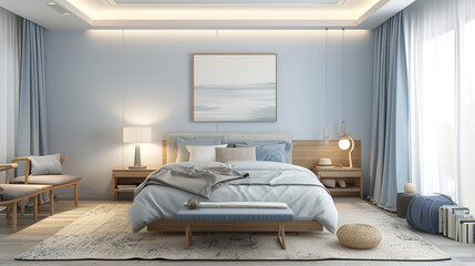 Fototapeta na wymiar A tranquil bedroom with sky blue accents, adorned with minimalist furniture pieces in contrasting colors for visual interest.