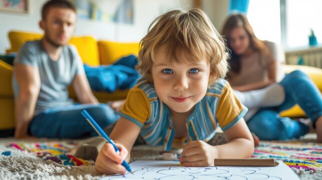 Parents Relaxing While Children Enjoy Activities: Siblings Bond with Drawing on Floor. Comfortable Couch, Cosy Living Room and Carefree Family Leisure Time