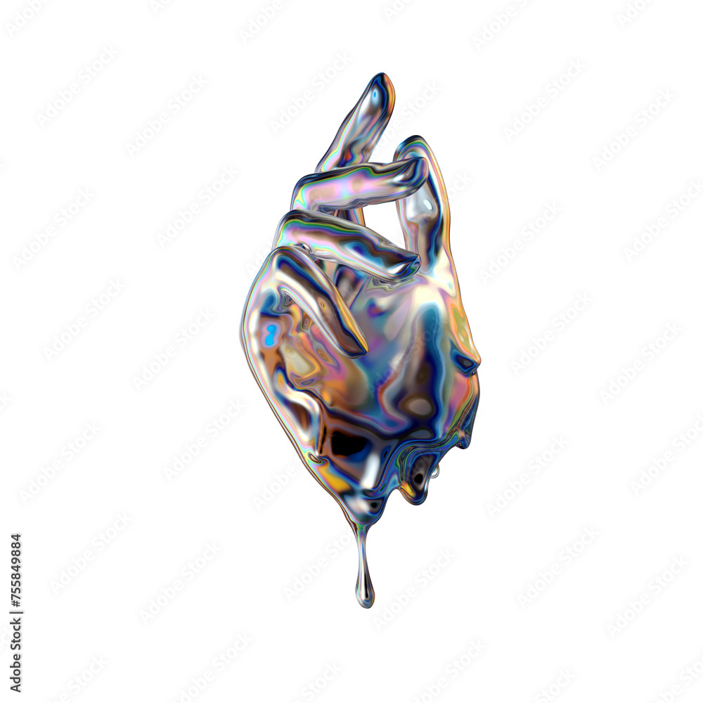 Aufkleber 3d art holographic abstract futuristic design idea. hand gesture liquid metallic texture isolated on