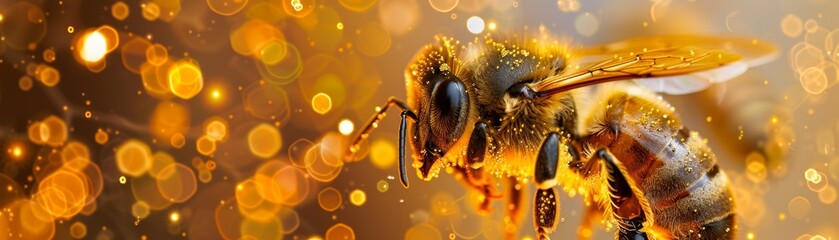 photography of a colorful Bee Covered in Pollen - Close-up of a bees body dusted with bright yellow pollen made out jewels