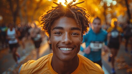 Fototapeta premium A happy man in a yellow shirt is smiling in front of a crowd at a public event