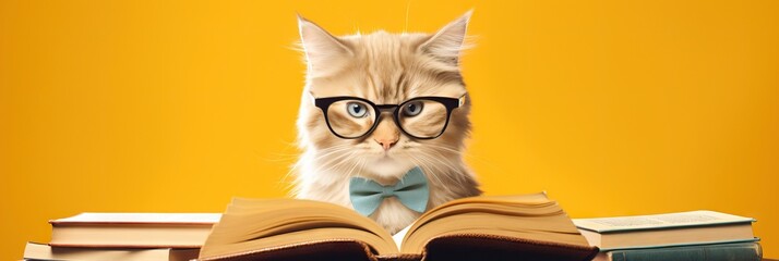 Clever ginger cat in glasses reading book on yellow background. World book day. Education and study, kitten student, exam preparation. Bestseller, bookstore creative concept  - obrazy, fototapety, plakaty