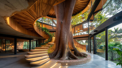 A treehouse-inspired staircase winding around a central tree trunk, blending seamlessly with nature