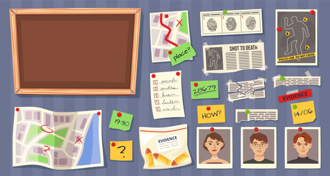 Cartoon detective board elements. Investigation clues and evidence maps, fingerprint records, suspect photos and notes for cork board vector illustration set