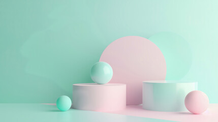 Minimalistic pastel composition with geometric shapes, featuring spheres and cylinders in a soft,...